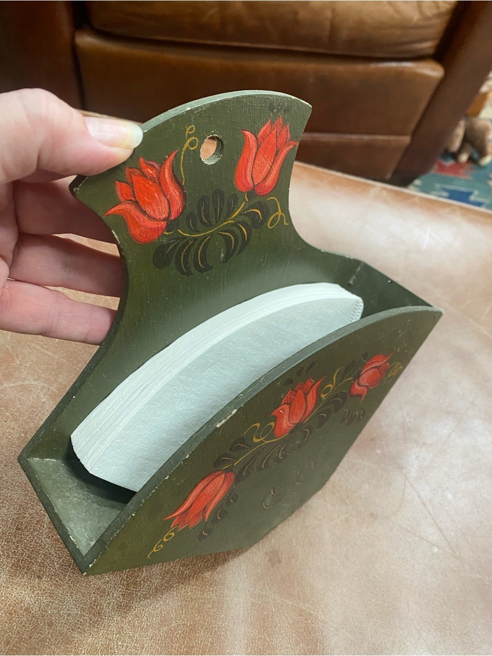 Vintage HandPainted Cone Coffee Filter Holder Green Floral Wooden Wall Decor - Picture 5 of 11